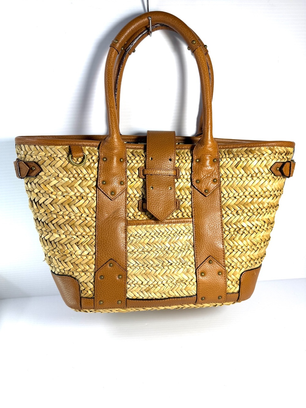 J. Crew Woven Straw Tote with Tan Leather Trim
